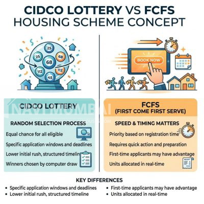 CIDCO Lottery vs FCFS scheme comparison infographic