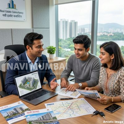Indian couple discussing affordable property investment near Navi Mumbai with professional real estate agent