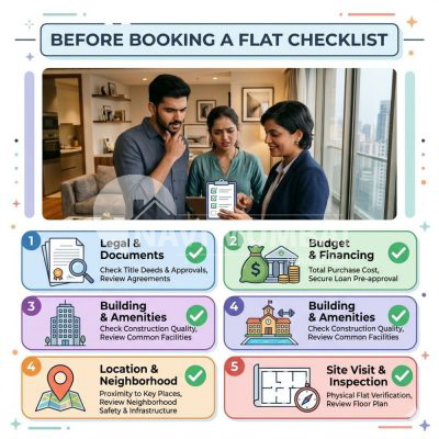 flat buying checklist infographic showing steps before booking a flat