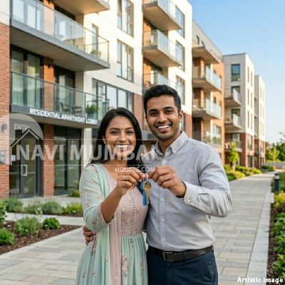 happy couple celebrating new home purchase holding keys in front of apartment