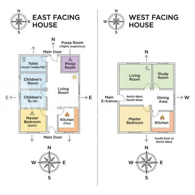 vastu east vs west facing house direction comparison diagram