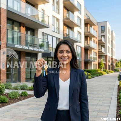 young home buyer holding house keys standing outside modern apartment building