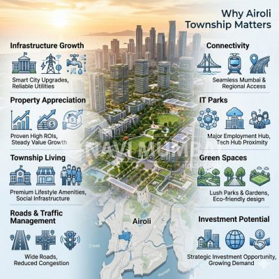 Airoli Township infographic showing infrastructure and investment growth