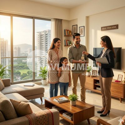 Happy Indian family celebrating their first flat purchase in Navi Mumbai