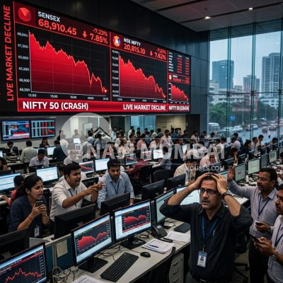 Indian stock market crash with falling charts and investor concern