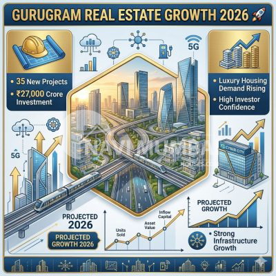 Infographic showing Gurugram real estate market growth, new projects, and infrastructure investment trends in 2026.