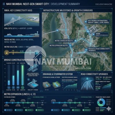 Infographic showing Navi Mumbai urban infrastructure development and bridge construction projects