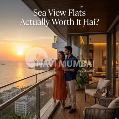 Luxury sea-facing apartment balcony in Mumbai during sunset