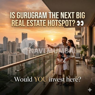 Modern Indian family enjoying luxury apartment lifestyle overlooking Gurugram skyline at sunset.