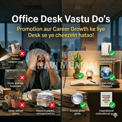 Office desk vastu do and don’t infographic with clean and cluttered workspace comparison