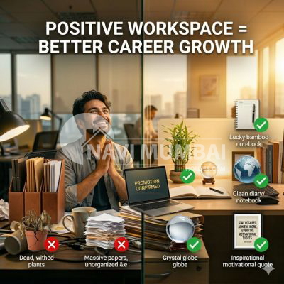 Professional employee celebrating promotion with clean vastu office desk setup
