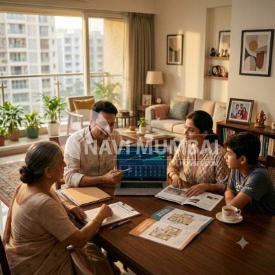 Untitled designIndian family comparing real estate and stock market investment in 2026
