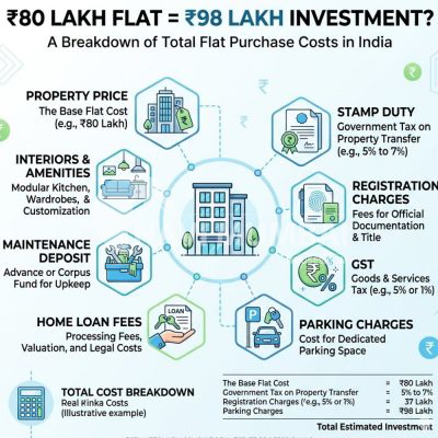 Cost breakdown of buying a flat in Navi Mumbai showing stamp duty, GST, parking charges, maintenance costs, and interior expenses.