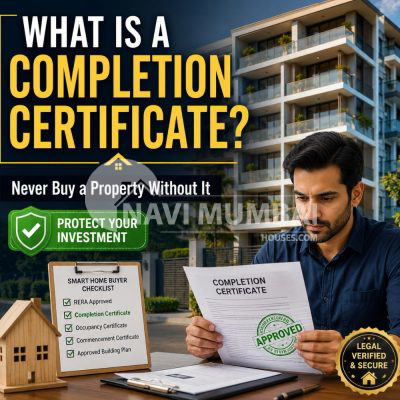 Completion Certificate for homebuyers showing approved property documents, modern residential building, and key benefits of legal property verification before buying a home.