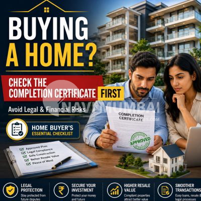 Completion Certificate for homebuyers showing approved property documents, modern residential building, and key benefits of legal property verification before buying a home.