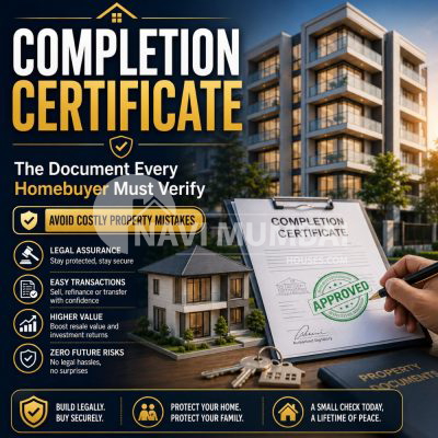 Completion Certificate for homebuyers showing approved property documents, modern residential building, and key benefits of legal property verification before buying a home.