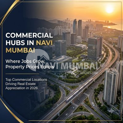 Commercial Hubs in Navi Mumbai with modern office buildings, residential towers, highways, and growing real estate investment opportunities in 2026.
