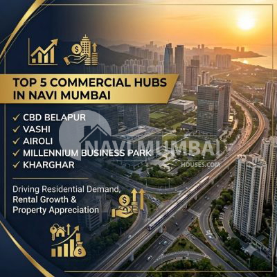 Top 5 commercial hubs in Navi Mumbai including CBD Belapur, Vashi, Airoli, Millennium Business Park, and Kharghar driving property price growth.