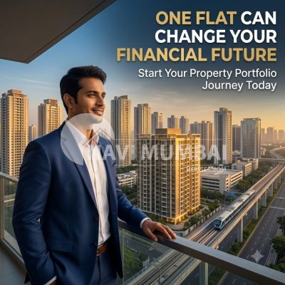 Investor standing in front of a residential tower in Navi Mumbai, representing the first step toward building a property portfolio and long-term wealth creation.