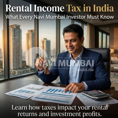 Rental Income Tax in India concept showing a Navi Mumbai property investor reviewing rental income documents with luxury residential towers in the background.