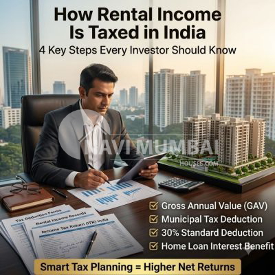 Rental Income Tax in India concept showing a Navi Mumbai property investor reviewing rental income documents with luxury residential towers in the background.