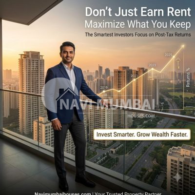 Rental Income Tax in India concept showing a Navi Mumbai property investor reviewing rental income documents with luxury residential towers in the background.