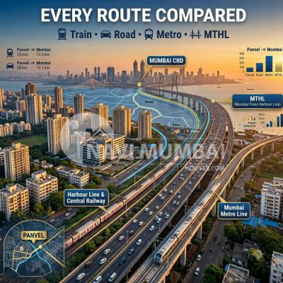 Panvel Mumbai travel time comparison showing connectivity between Panvel and Mumbai through MTHL, railways, and road networks in 2026.