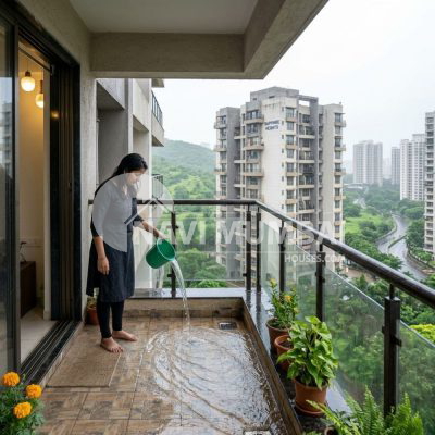 Balcony drainage check during rental flat inspection in Navi Mumbai