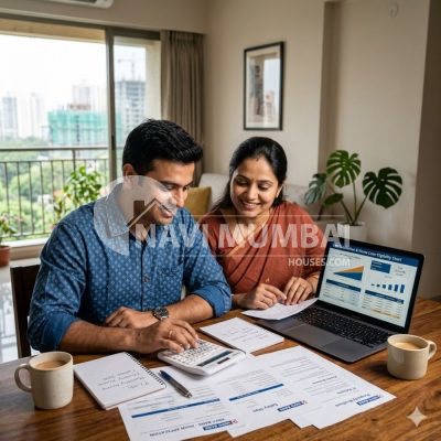 Couple calculating joint home loan eligibility to buy a larger home in Navi Mumbai.