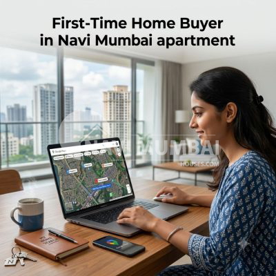 First-time home buyer researching a Navi Mumbai locality using Google Maps before buying a property