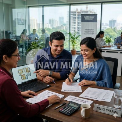 Joint home loan applicants discussing home financing options for a new apartment in Navi Mumbai.