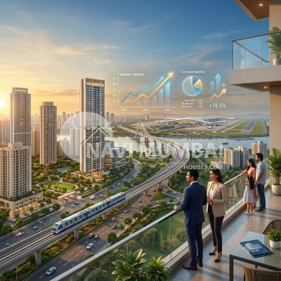 Navi Mumbai Real Estate Market Report August 2026 showing modern skyline, residential towers, metro connectivity, infrastructure growth, and property investment opportunities.
