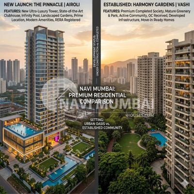 Resale vs New Project in Navi Mumbai comparison showing modern residential tower and established apartment society in 2026