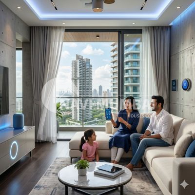 Smart home features in a modern Navi Mumbai apartment with automated lighting and security controls.