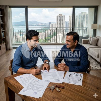 Tenant discussing how to sublet a flat in Navi Mumbai with landlord while reviewing a rental agreement.