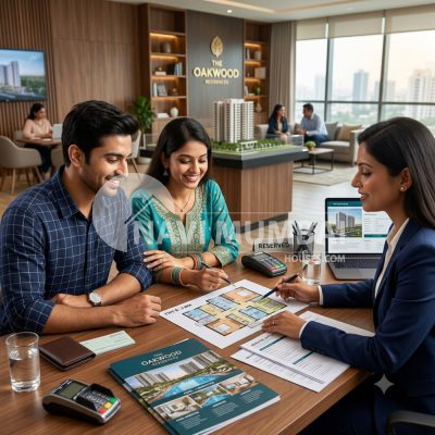 Booking Amount for First-Time Buyers discussing property booking with a real estate consultant.