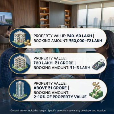 Booking Amount for First-Time Buyers discussing property booking with a real estate consultant.