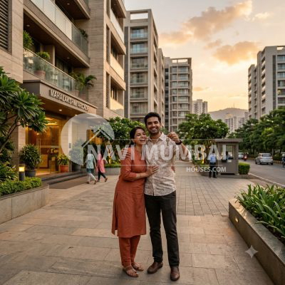 Indian couple standing outside their new apartment
