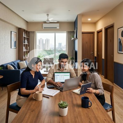 Three roommates discussing rent in a modern Navi Mumbai apartment