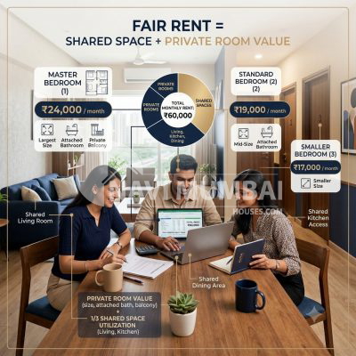 Roommates splitting rent fairly in Navi Mumbai based on bedroom size and shared space
