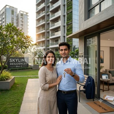 Indian couple receiving house keys after buying a home in Navi Mumbai